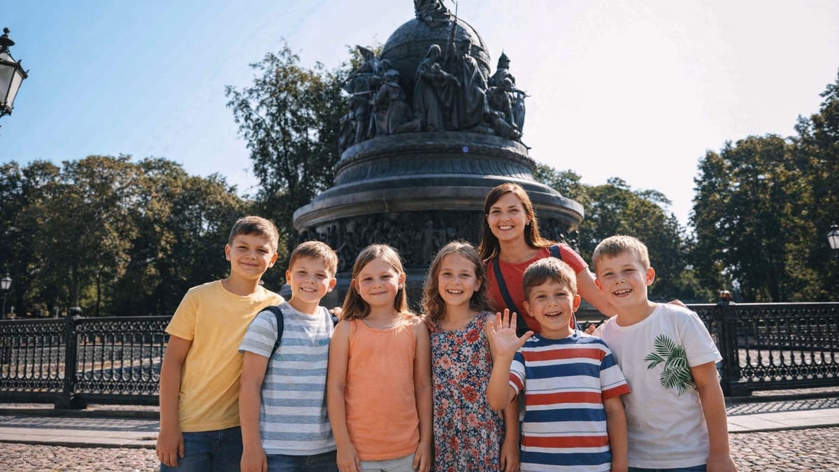 Школьники на экскурсии в Золотом Кольце — Памятник-Тысячелетию-России, Великий-Новгород