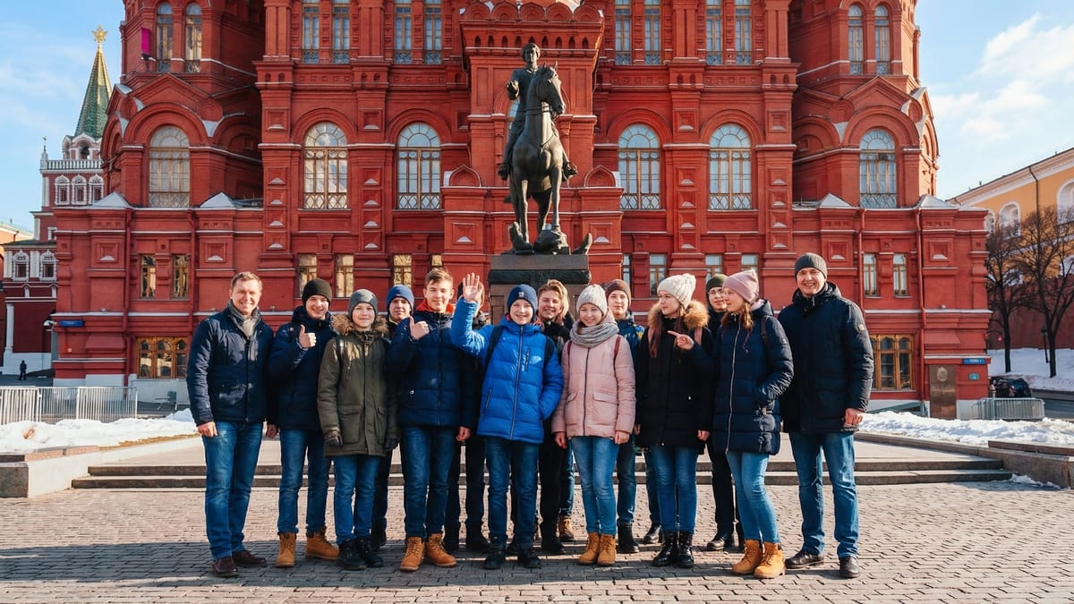 Школьники на экскурсии весной — на фоне Государственного Исторического музея