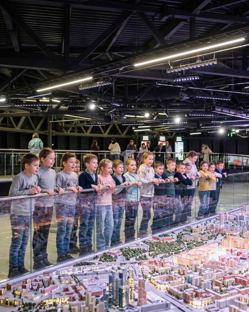 Школьники на экскурсии рассматривают Макет Москвы