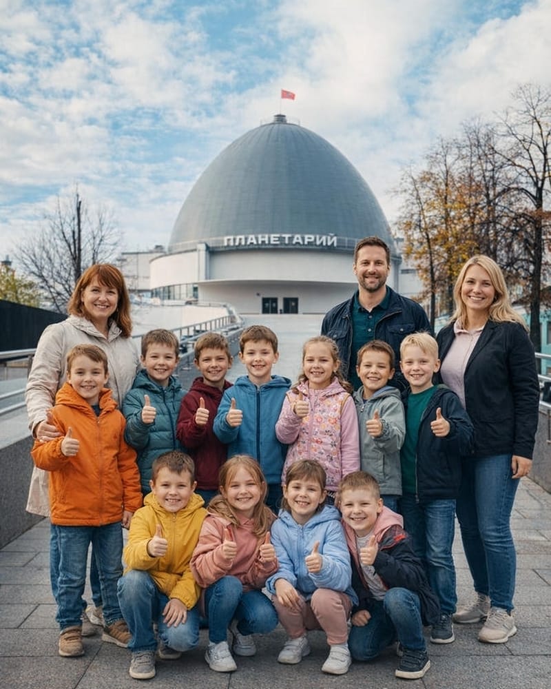 Московский Планетарий — здание на Садовой-Кудринской. Группа школьников фотографируется перед экскурсией