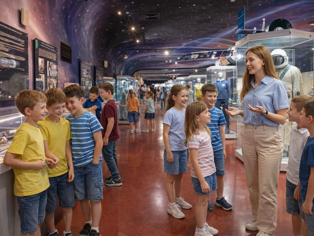 Класс на экскурсии в Музее Космонавтики рассматривает скафандры 