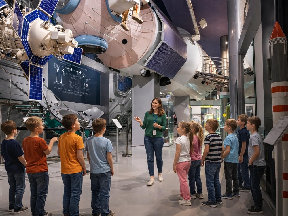 Экскурсовод рассказывает детям о современных спутниках в Музее Космонавтики на ВДНХ