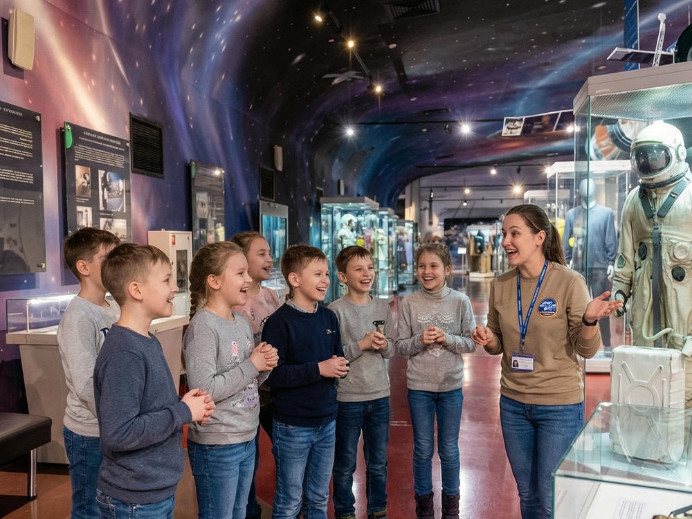 Экскурсовод увлеченно рассказывает истории из полетов в космос в Музее космонавтики ВДНХ